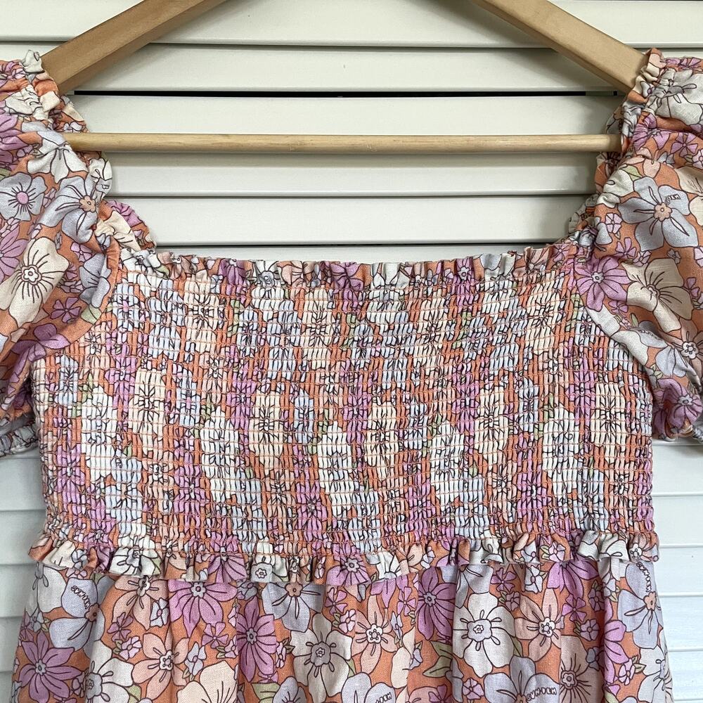 Aritzia Sunday Best Retro Floral Smocked Dress Linen Organic Cotton Small Picnic - Picture 6 of 9